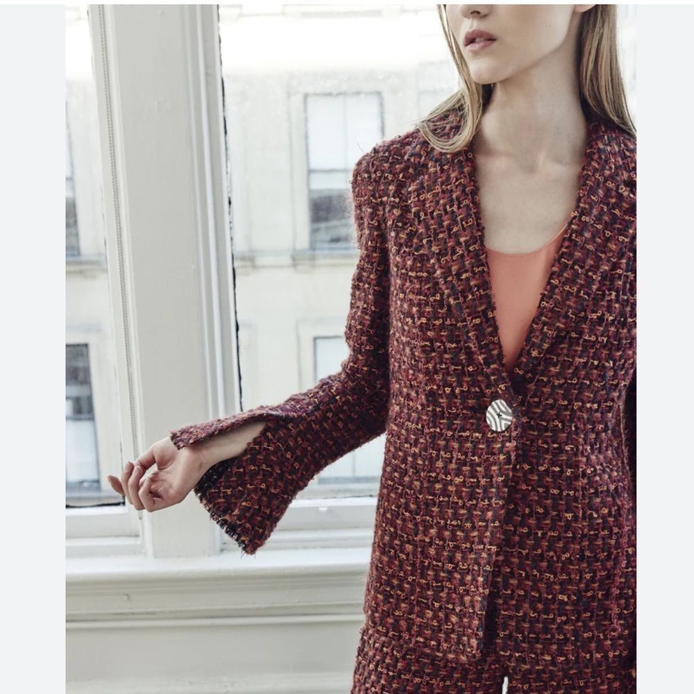 EDUN Textured Weave Tweed Jacket with Flutter Sleeves